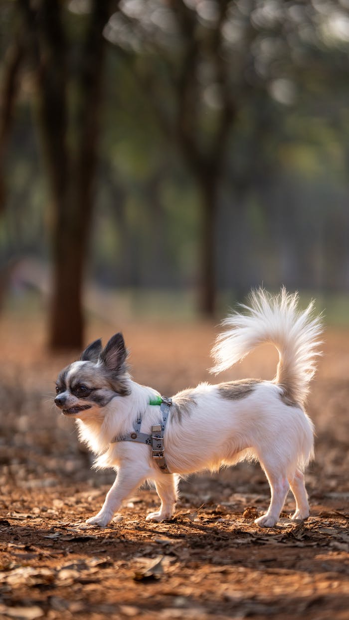 Cute Chihuahua puppy exploring a sunlit park, tail raised happily.